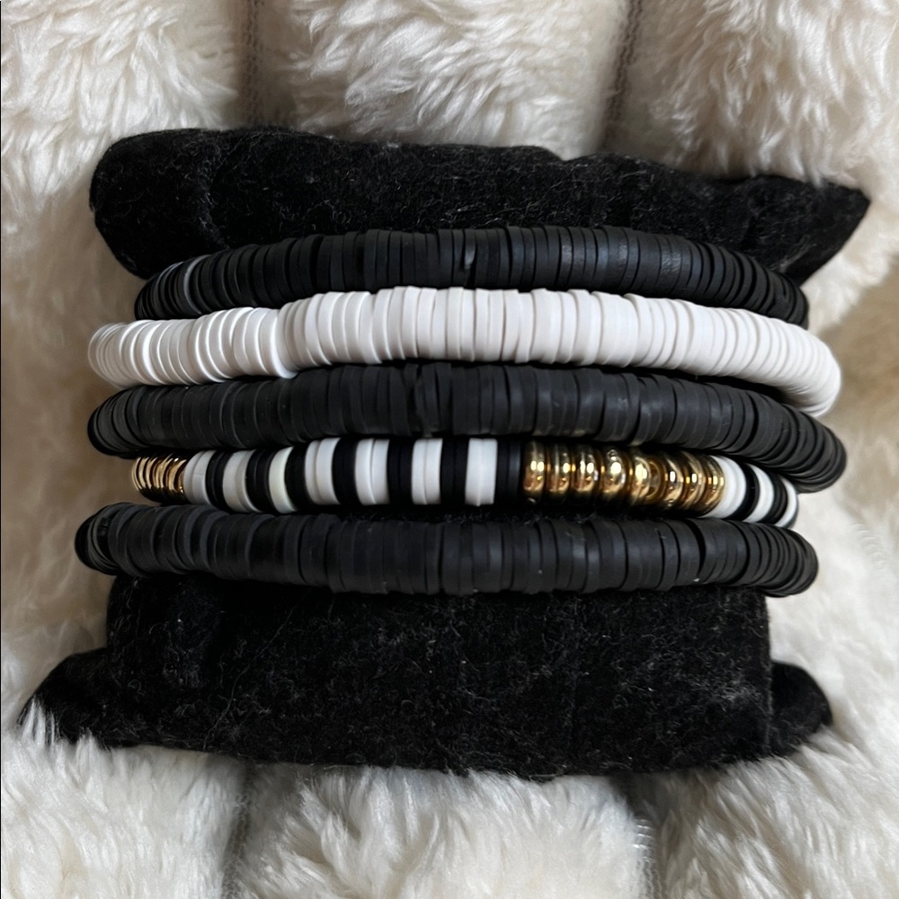 Set of 5 Gold and Black/White Clay Beaded Bracelet Set. Stretchy bands. - Picture 2 of 3